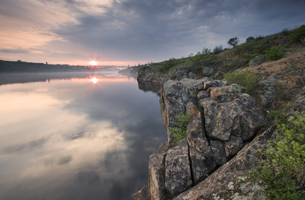 Artem Nosenko: bridge sun river rock hill nature 