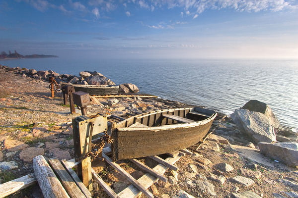Artem Nosenko: boat stones water rocks clouds sky river lake nature